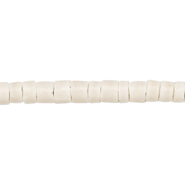Bead, coconut shell (bleached / waxed), white, 5-6mm hand-cut heishi. Sold per pkg of (2) 24-inch strands. image number 0