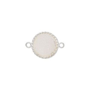 Link, druzy agate (natural) and sterling silver, 14-16mm hand-cut single-sided flat round with twisted wire design. Sold individually.