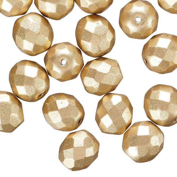 Bead, Czech fire-polished glass, opaque satin gold, 10mm faceted round. Sold per pkg of 600 (1/2 mass). image number 0
