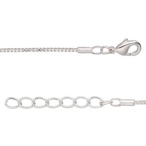 Chain, silver-plated brass, 1mm Venetian box, 7-1/2 inches with 1-1/4 inch extender chain and lobster claw clasp. Sold per pkg of 6.