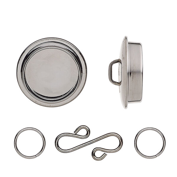 Clasp, gunmetal-plated "pewter" (zinc-based alloy), 25mm round with 19mm non-calibrated round bezel setting and 17x9mm S-hook with (2) 8mm jump rings. Sold individually. image number 0