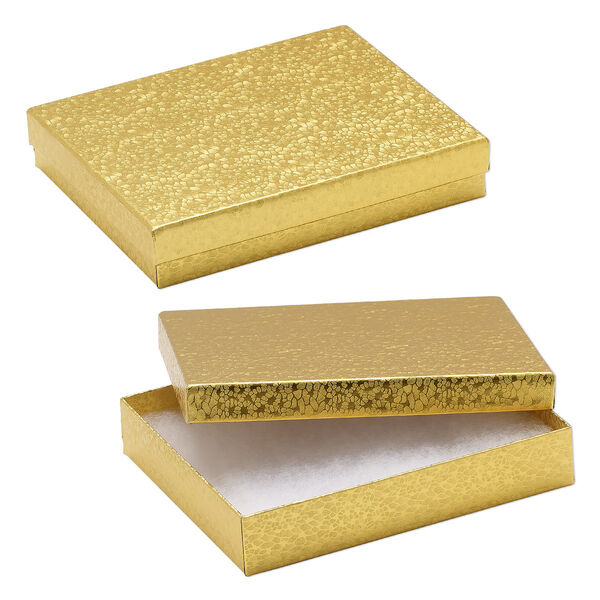 Box, paper, "cotton"-filled, gold, 6-1/8 x 5-1/8 x 1-1/8 inch rectangle. Sold per pkg of 10. image number 0