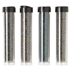 Seed bead assortment, Ming Tree™, glass, pkg/(4) 4 x 3/4 inch vials, #11 round, opaque and translucent rainbow iris brown, moss, green and gold purple.