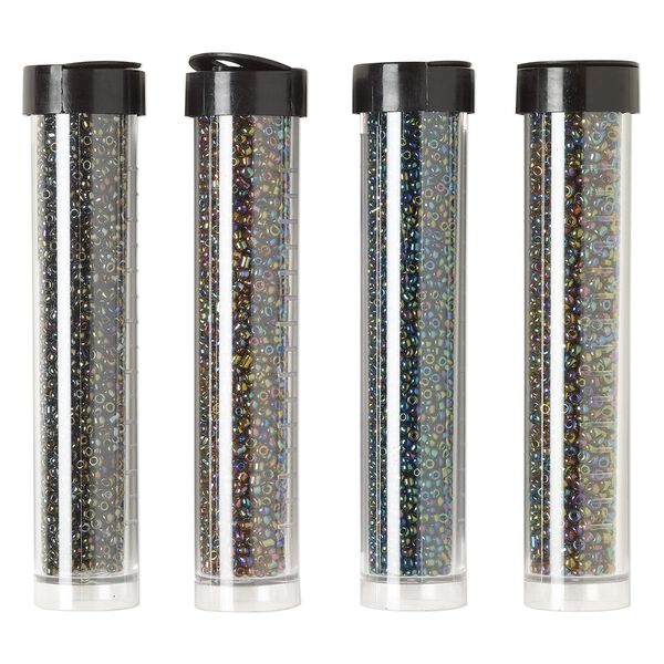 Seed bead assortment, Ming Tree™, glass, pkg/(4) 4 x 3/4 inch vials, #11 round, opaque and translucent rainbow iris brown, moss, green and gold purple. image number 0