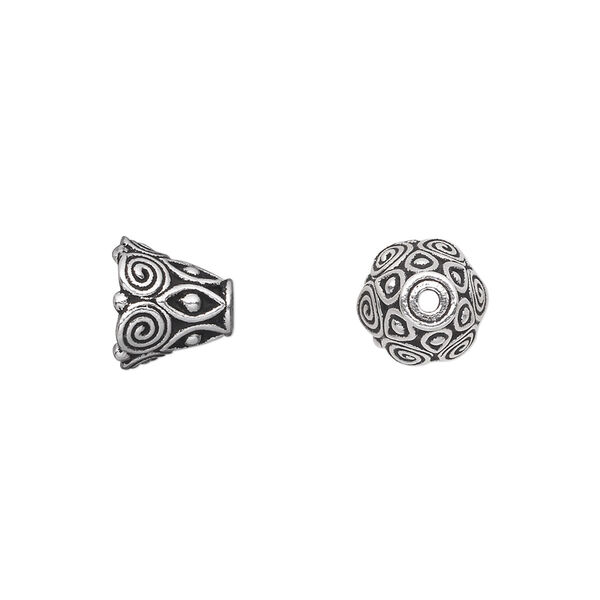 Cone, TierraCast®, antique silver-plated pewter (tin-based alloy), 9x8.5mm beaded with swirls, 6mm inside diameter. Sold per pkg of 20. image number 0