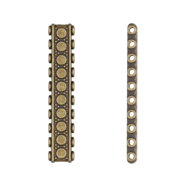 Spacer bar, antique brass-finished "pewter" (zinc-based alloy), 33x6mm 10-strand double-sided flat rectangle with beaded design, fits up to 3mm beads. Sold per pkg of 6. image number 0