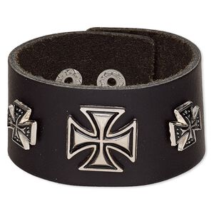 Bracelet, leather (dyed) / silver-plated steel / antique silver-plated "pewter" (zinc-based alloy), black, 35mm wide with 10mm and 18mm iron cross, adjustable from 5 to 6-1/2 inches with snap closure. Sold individually.