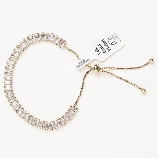 Bracelet, adjustable, brass / glass / silicone, pkg/1, 6 to 10 inches, gold plate and crystal clear. image number 0