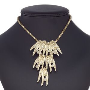 Necklace, glass rhinestone / gold-coated plastic / gold-finished steel / "pewter" (zinc-based alloy), clear, 4x2-1/2 inch feather, 16 inches with 2-1/2 inch extender chain and lobster claw clasp. Sold individually.