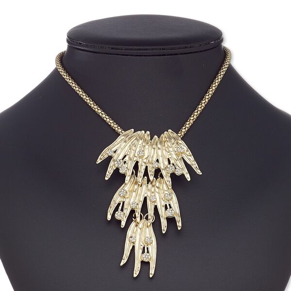 Necklace, glass rhinestone / gold-coated plastic / gold-finished steel / "pewter" (zinc-based alloy), clear, 4x2-1/2 inch feather, 16 inches with 2-1/2 inch extender chain and lobster claw clasp. Sold individually. image number 0