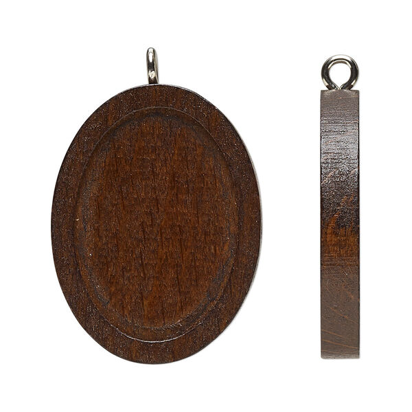 Focal, stained Japanese pagoda wood and stainless steel, dark brown, 30x23mm single-sided oval with 25x18mm non-calibrated oval glue-in setting. Sold per pkg of 8. image number 0