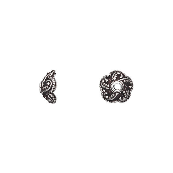 Bead cap, antiqued sterling silver, 9x3mm scalloped round with Bali design, fits 8-10mm bead. Sold per pkg of 2. image number 0