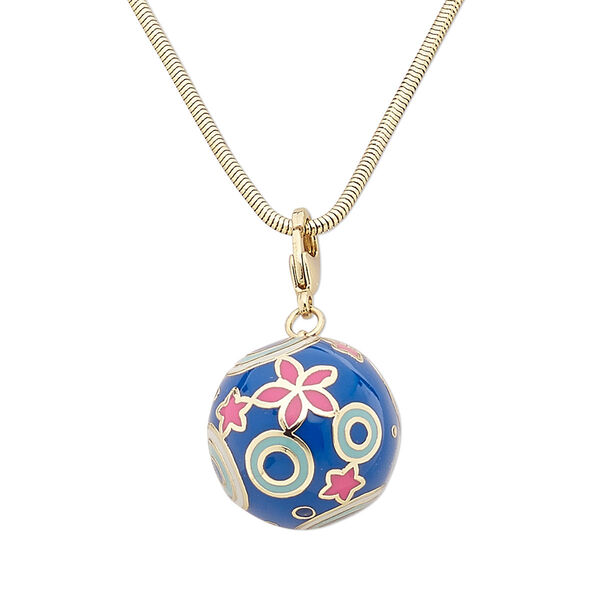Necklace, enamel and gold-plated brass, multicolored, 28mm round with circle and star design, 16 inches with 2-inch extender chain and lobster claw clasp. Sold individually. image number 0