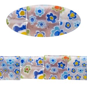 Bead, millefiori glass, translucent light pink / light purple / multicolored, 11mm-13x12mm puffed square. Sold per 14-inch strand, approximately 30 beads.