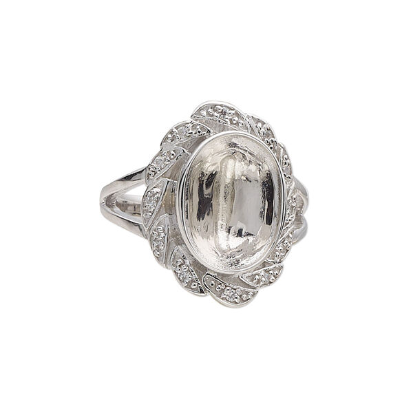 Ring, Almost Instant Jewelry®, rhodium-plated sterling silver and cubic zirconia, clear, 21.5mm wide with fancy design and 14x10mm oval glue-in setting, size 9. Sold individually. image number 0