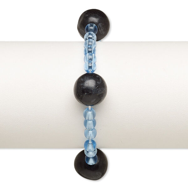 Bracelet, stretch, blackstone (dyed) and acrylic, blue, 5mm and 15-16mm round, 6 inches. Sold individually. image number 0