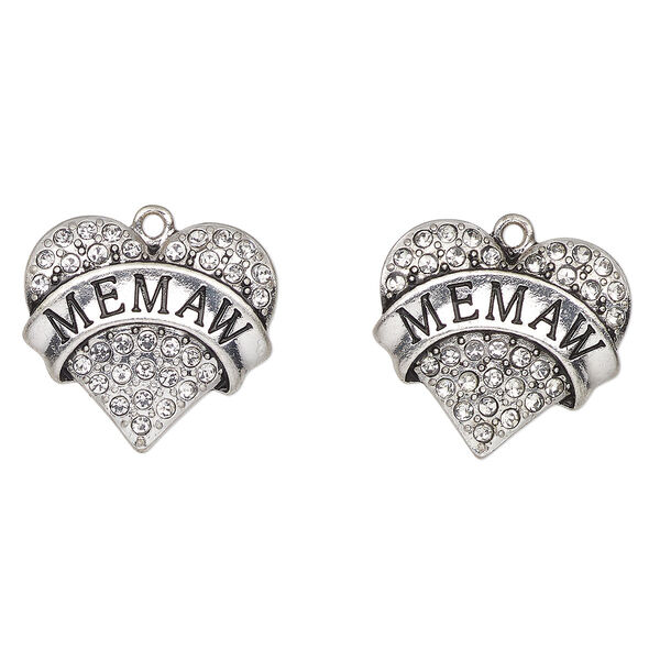 Charm, antique silver-finished enamel "pewter" (zinc-based alloy) and glass, clear and black, 24x23mm heart with "Memaw". Sold per pkg of 2. image number 0