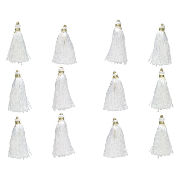 Tassel, silk (imitation) and gold-finished copper, white, 1-3/4 to 2 inches. Sold per pkg of 12. image number 0