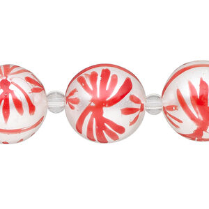 Bead, glass 1pkg8, opaque white and red, 16mm hand-painted round.