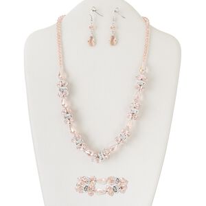 Necklace, bracelet and earring set, silver-finished "pewter" (zinc-based alloy) / brass / steel / silver-colored plastic / glass, pink with AB finish, rosebud and 12x8mm faceted rondelle, 22 inches with tab clasp, 7-1/2 inch stretch bracelet, 1-3/8 inch earrings with fishhook ear wire. Sold per set.