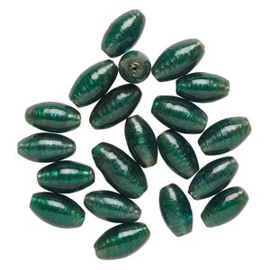 Bead, lampworked glass, translucent emerald green, 25x14mm oval with copper-colored glitter. Sold per pkg of 20.