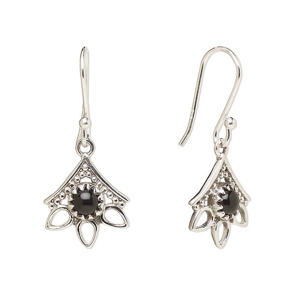 Ear wire, Create Compliments®, antiqued sterling silver and black onyx (dyed), fishhook, 28mm with 14x12.5mm single-sided beaded open 3-teardrop, 21 gauge. Sold per pair. image number 0