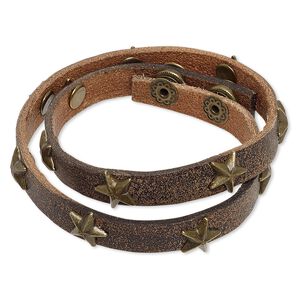Bracelet, wrap, leather (dyed) with antique brass-plated steel and "pewter" (zinc-based alloy), brown, 12mm wide with stars, adjustable at 6-1/2 and 7 inches with snap closure. Sold individually.