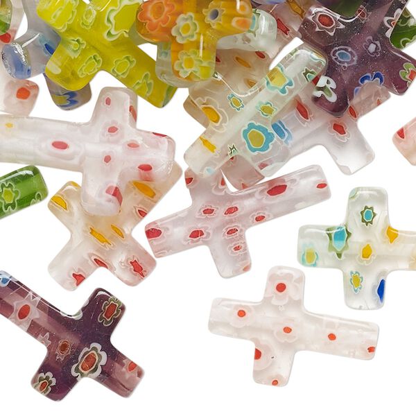 Bead mix 1pkg1, millefiori glass, translucent and transparent multicolored, 17x12mm-20x14mm cross. 2-ounce pkg, approximately 60 beads. image number 0