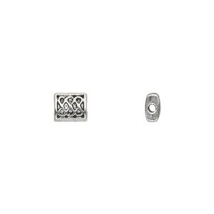 Bead, antique silver-plated "pewter" (zinc-based alloy), 7x6mm double-sided flat rectangle with endless knot pattern. Sold per pkg of 50.