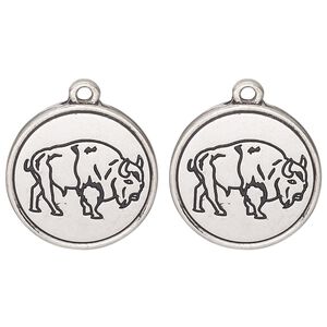 Drop, antique silver-finished "pewter" (zinc alloy) and enamel, black, 21mm round with bison design. Sold per pkg of 2.