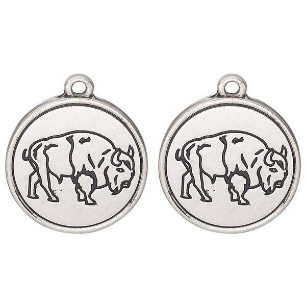 Drop, antique silver-finished "pewter" (zinc alloy) and enamel, black, 21mm round with bison design. Sold per pkg of 2. image number 0