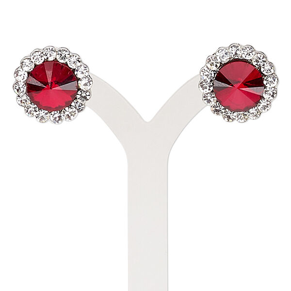 Earring, glass / glass rhinestone / stainless steel / silver-plated "pewter" (zinc-based alloy), red and clear, 15mm round with post. Sold per pair. image number 0