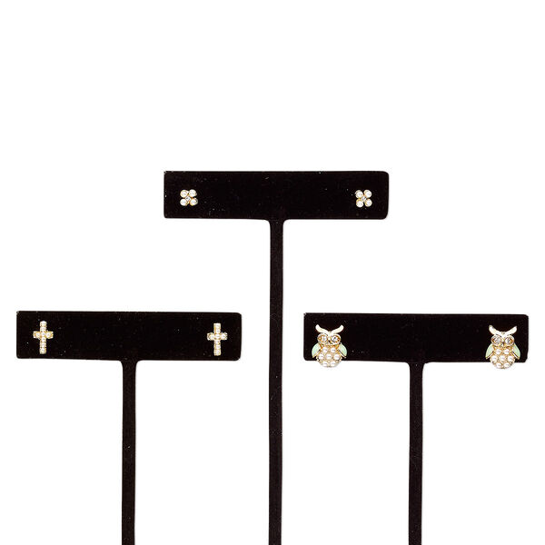 Earring, enamel / acrylic pearl / glass rhinestone / stainless steel / gold finish steel / "pewter" (zinc-based alloy), white / light green / clear, 5x5mm flower / 9x6mm cross / 12x10mm owl with post. Sold per pkg of 3 pairs. image number 0