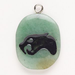 Focal, steel/green aventurine (natural)/enamel, pkg/1, silver finish and black, 30x24mm-39x27mm single-sided puffed freeform with sabretooth tiger head, B grade.
