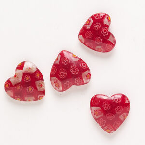 Bead, millefiori glass, pkg/4, translucent multicolored, 18-20mm half-drilled puffed heart.
