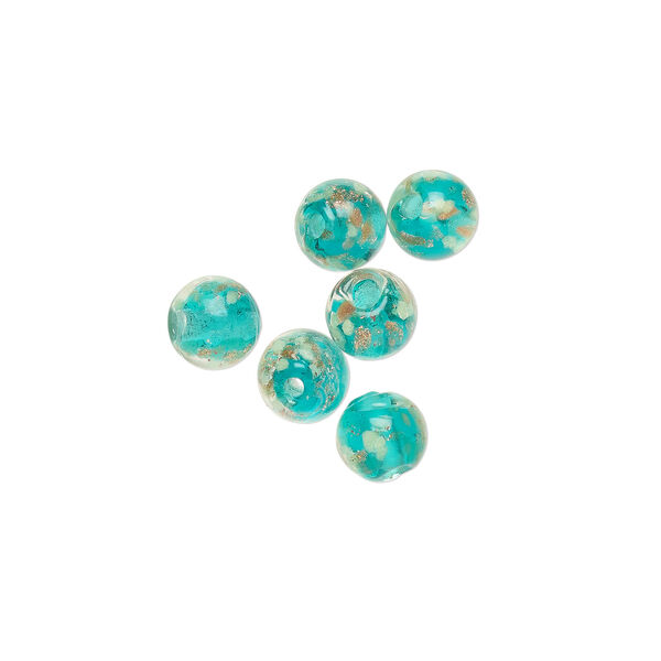 Bead, lampworked glass, clear / teal / glow-in-the-dark / gold, 6mm round. Sold per pkg of 6. image number 0