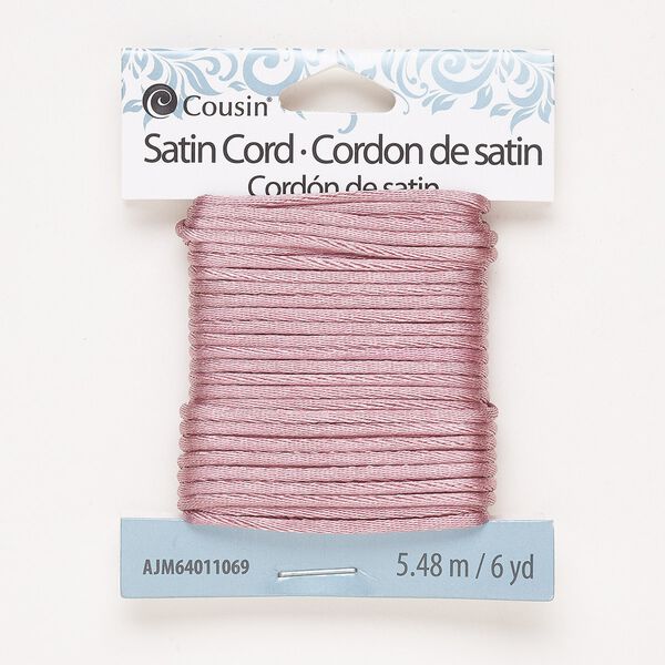 Cord, satin, rose, 2mm round. Sold per 6-yard pkg. image number 0