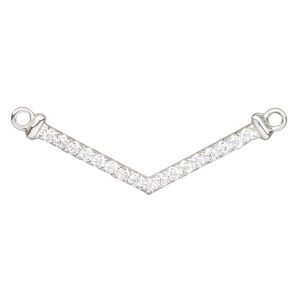 Focal, sterling silver and cubic zirconia, clear, 37x12mm single-sided V-shape with 2 loops. Sold individually.