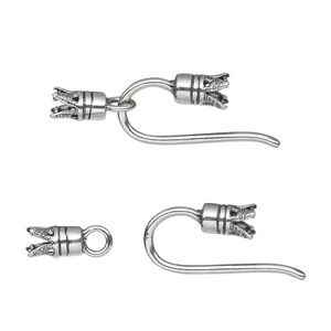 Clasp hook&eye 1pkg1 sterling silver, 23x10mm / crimp ends / fits 3.1mm cord, antiqued 1-strand