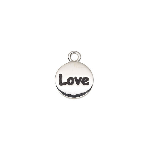 Drop, enamel and imitation rhodium-plated "pewter" (zinc-based alloy), black, 11mm single-sided round with "Love". Sold individually. image number 0