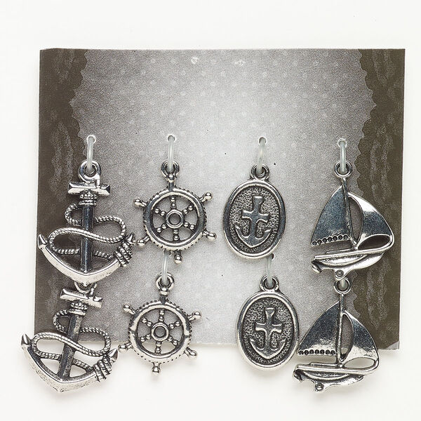 Charm assortment "pewter" zinc-based alloy brass enamel glass 8pk nautical mixed shape, silver finish image number 0