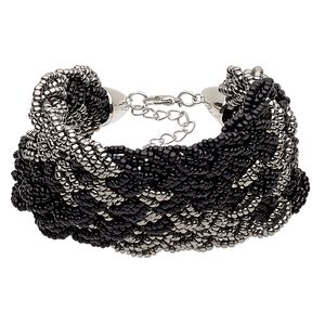 Bracelet, glass / silver-coated plastic / silver-plated steel / "pewter" (zinc-based alloy), black and grey, 50mm wide with woven design, 7 inches with 2-inch extender chain and lobster claw clasp. Sold individually.