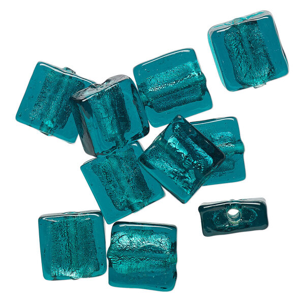 Bead, lampworked glass, opaque teal with silver-colored foil, 12mm flat square. Sold per pkg of 10. image number 0