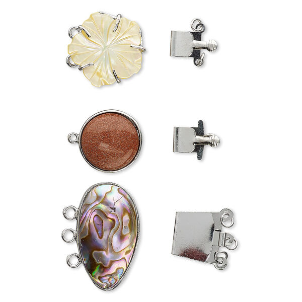 Clasp mix, tab, multi-gemstone / multi-shell (natural / bleached / manmade / imitation / assembled) / silver finish brass, 18mm-34x34mm mixed shape. Sold per pkg of 3. image number 0
