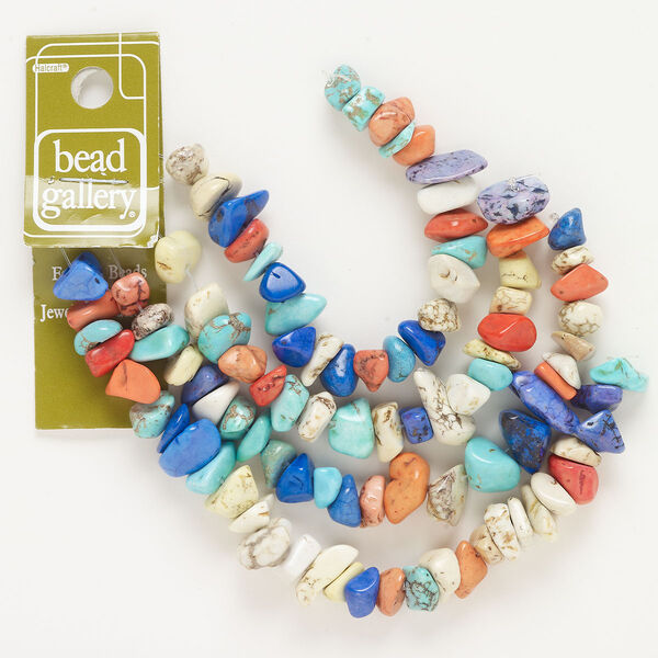 Bead, howlite (natural/dyed), mixed colors, medium to large chip, Mohs hardness 3 to 3-1/2. Sold per pkg of (2) 10-inch strands, approximately 95 beads. image number 0
