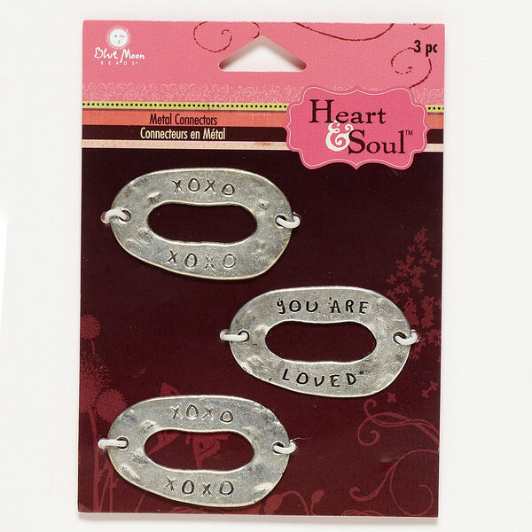Focal, antique silver-finished "pewter" (zinc-based alloy), 35x21mm open freeform oval with (1) "YOU ARE LOVED" and (2) "XOXO." Sold per pkg of 3. image number 0