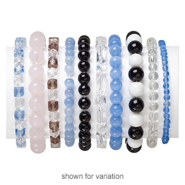 Bracelet mix, stretch, glass and cat's eye glass, mixed colors, 4mm-14x10mm mixed shape, 5 inches. Sold per pkg of 10. image number 2