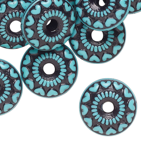 Bead, plastic, turquoise blue and black, 18x8mm rondelle. Sold per pkg of 50. image number 0