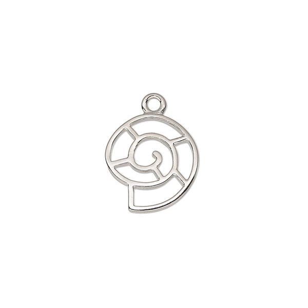 Charm, imitation rhodium-plated "pewter" (zinc-based alloy), 14.5x13mm two-sided open nautilus shell. Sold individually. image number 0