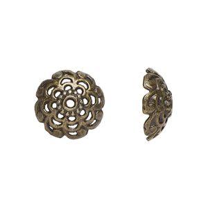 Bead cap, antiqued brass-finished "pewter" (zinc-based alloy), 15x6mm open flower round, fits 12-13mm beads. Sold per pkg of 20.